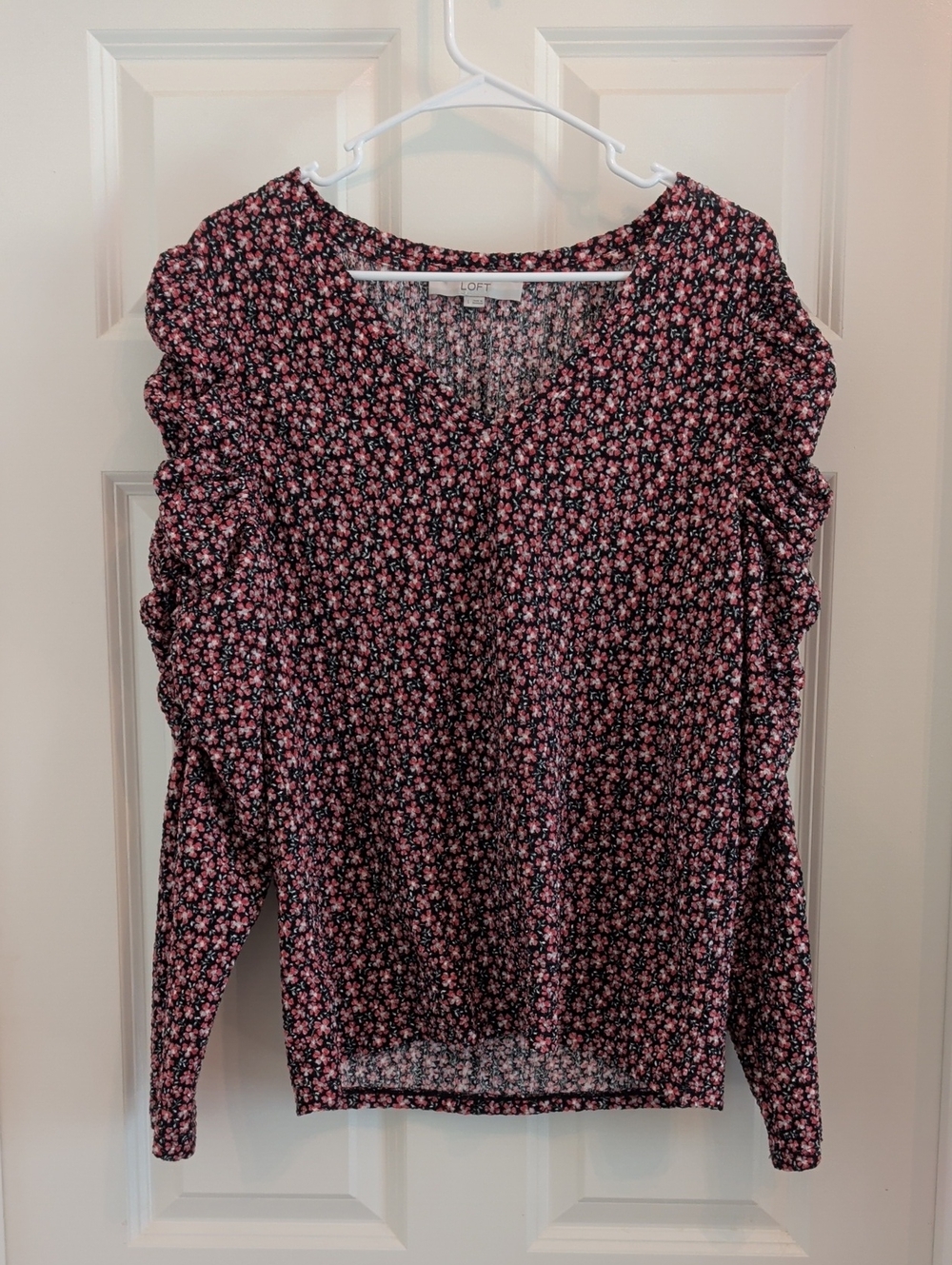 LOFT Black and Pink Floral Long-Sleeve V-Neck Top